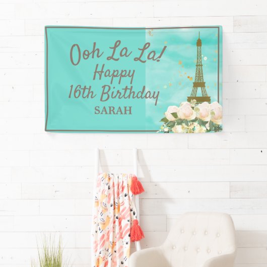 Mint Aquamarin Gold Sweet 16 Paris Eiffelturm Banner (Insitu)