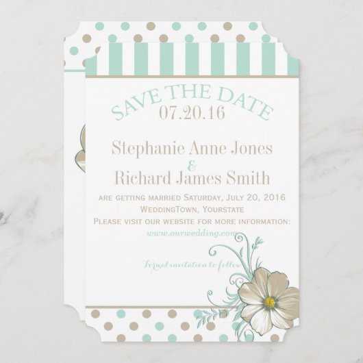 MINT BISQUE DOTS STRIPEN Save the Date Einladung (Vorne/Hinten)