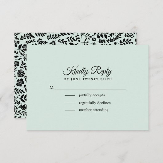 Mint | Black Floral Wedding RSVP Card (Vorne/Hinten)