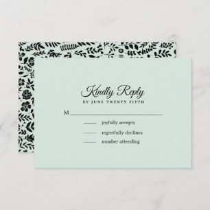Mint Black Floral Wedding RSVP Card