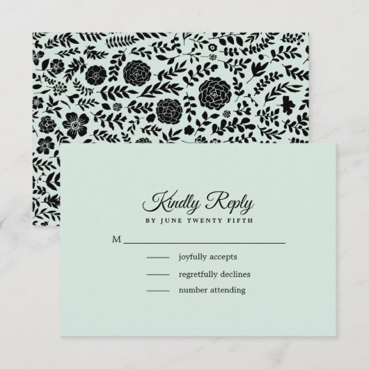Mint | Black Floral Wedding RSVP Card Karte (Vorne/Hinten)