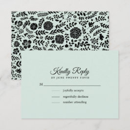 Mint | Black Floral Wedding RSVP Card Karte