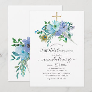 Mint & Blaue Aquarell Boho Floral Erstkommunion Einladung