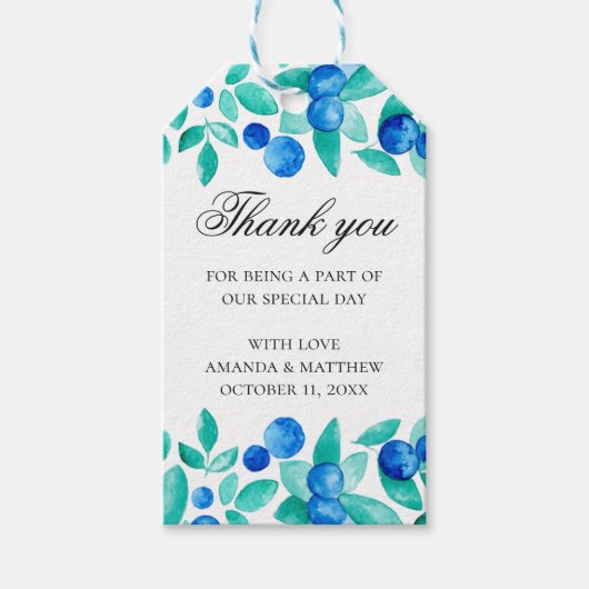 Mint blaue Hochzeit danke. Heidelbeere Geschenkanhänger (Vorderseite)