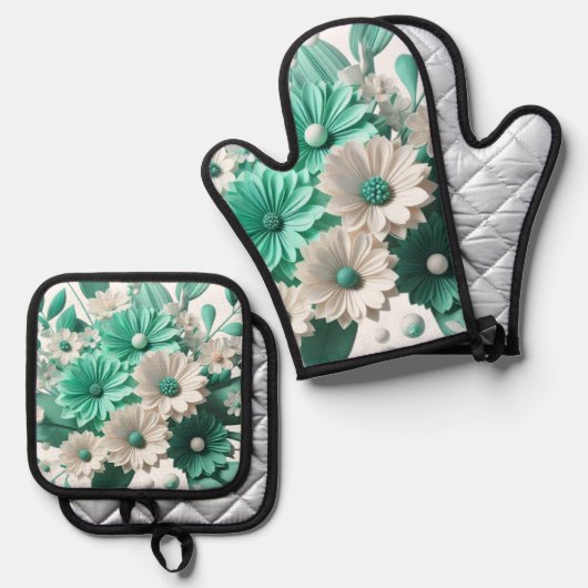 Mint Blossom Oven Mitt Set for Cook porta olla (Vorderseite/Rückseite)