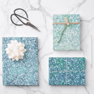 Mint Blue Aquamarin Ombre Sparkle Glitzer Geschenkpapier Set