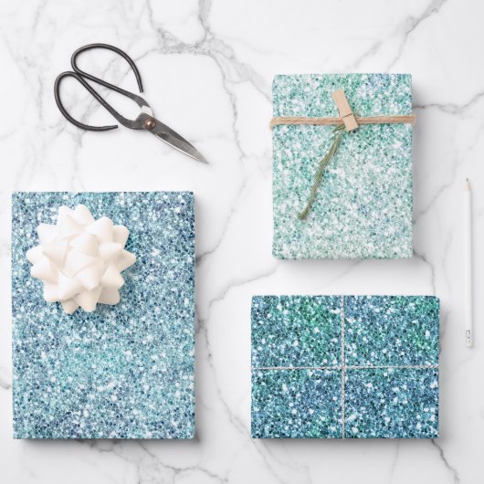 Mint Blue Aquamarin Ombre Sparkle Glitzer Geschenkpapier Set (Vorderseite)