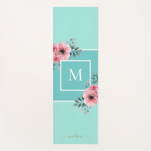 Mint Blue | Aquarellfarben Blume Monogramm Yoga Ma Yogamatte (Vorderseite)