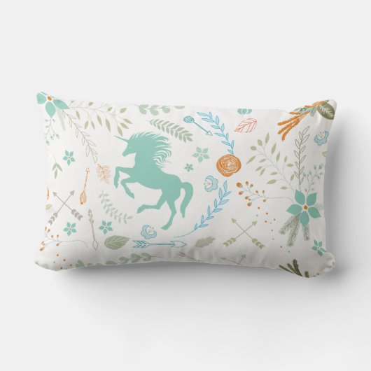 Mint Blue Coral Trendy Unicorn & Blumenmuster Lendenkissen (Rückseite)