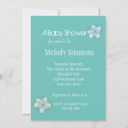 Mint Blue Flowers Babydusche Einladung (Rückseite)
