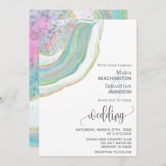 *~* Mint Blue Gold Glitzer Agate AR5 Hochzeit Einladung (Vorne/Hinten)