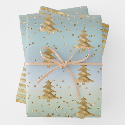 Mint Blue Gold Streifen Weihnachtsbaumen Sparkle Geschenkpapier Set (Beispiel)