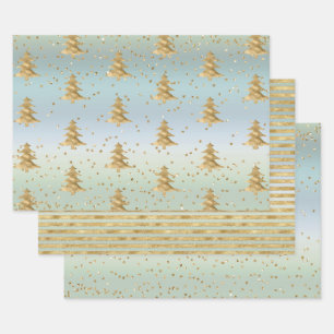 Mint Blue Gold Streifen Weihnachtsbaumen Sparkle Geschenkpapier Set