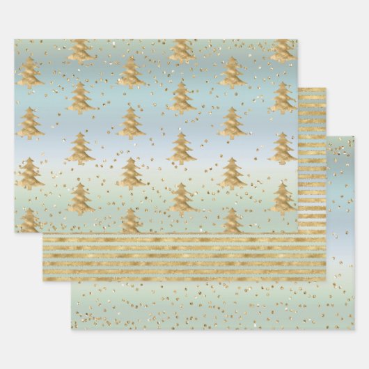 Mint Blue Gold Streifen Weihnachtsbaumen Sparkle Geschenkpapier Set (Set)