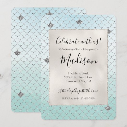 Mint Blue Ombre Silver Glitzer Glitz Mermaid Einladung (Vorne/Hinten)