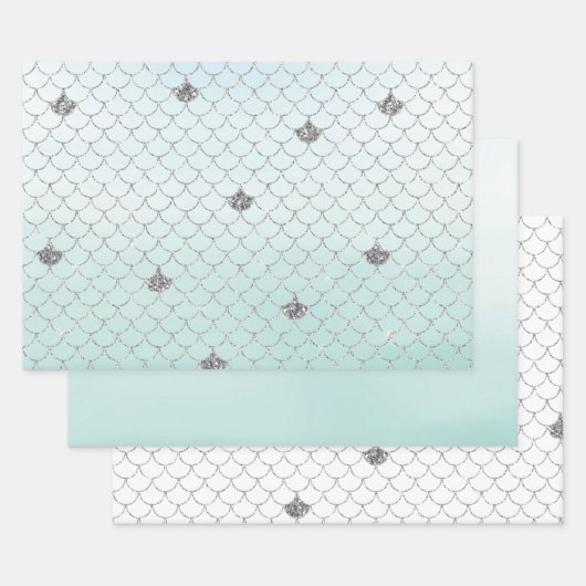Mint Blue Ombre Silver Glitzer Mermaid Geschenkpapier Set (Set)