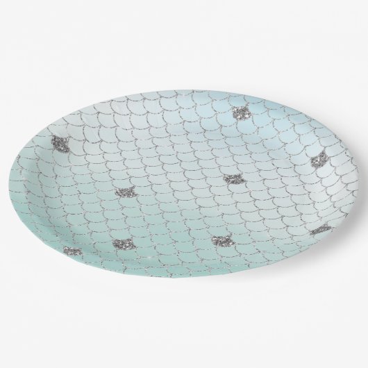 Mint Blue Ombre Silver Glitzer Mermaid Pappteller (Schrägansicht)