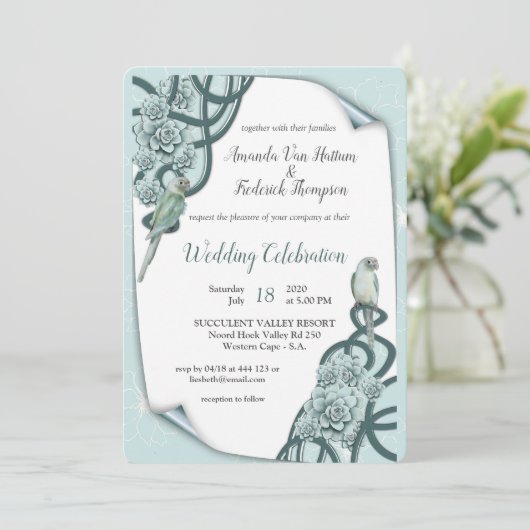 Mint Blue Pine Green Succulents Einladung (Stehend Vorderseite)