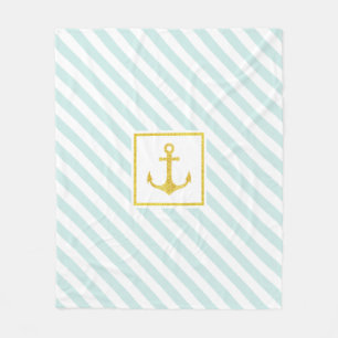 Mint Blue Stripes Imitate Glittery Golden Anchor Fleecedecke