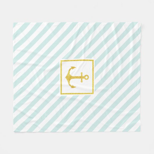 Mint Blue Stripes Imitate Glittery Golden Anchor Fleecedecke (Vorderseite (Horizontal))