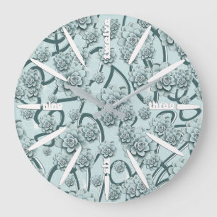 Mint Blue Succulents auf Pine Green Trellis wieder Große Wanduhr