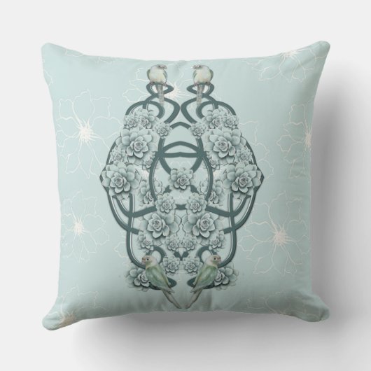 Mint Blue Succulents auf Pine Green Trellis wieder Kissen (Rückseite)