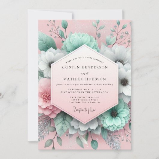 Mint Blush Painterly Flora Wedding Einladung (Vorderseite)