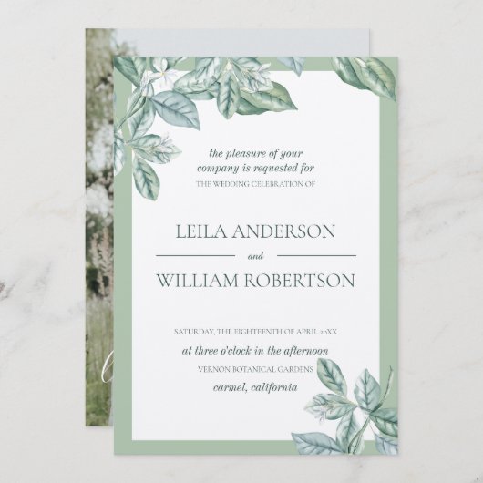 Mint Botanical Elegant Wedding Foto Einladung (Vorne/Hinten)