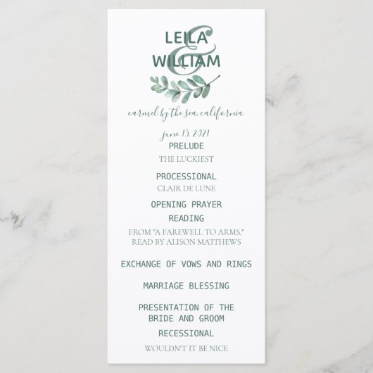 Mint Botanical Elegant Wedding Programm (Vorderseite)