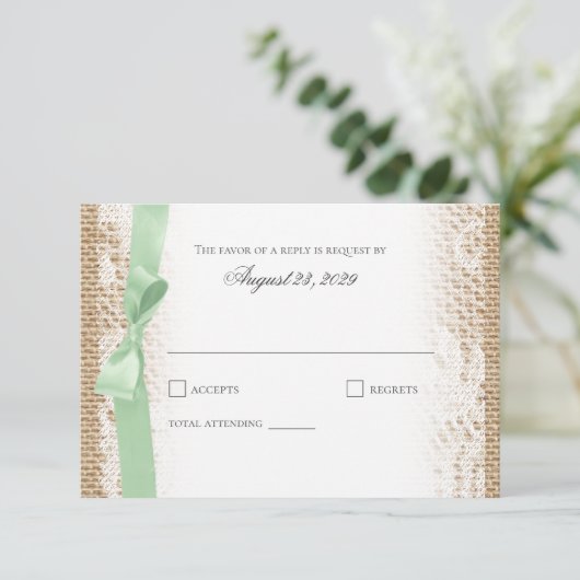 Mint Bow Lace und Burlap Reply RSVP Karte (Stehend Vorderseite)