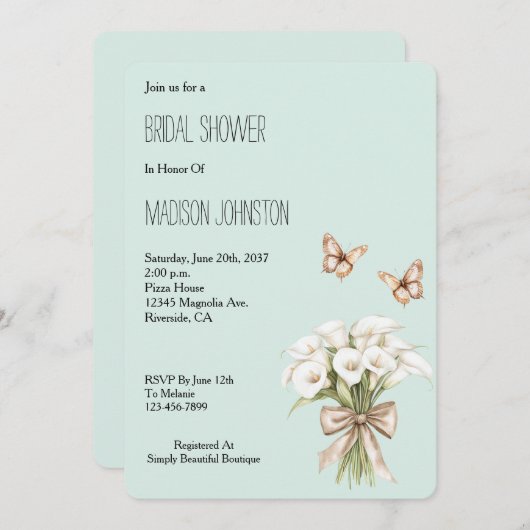 Mint Calla Lilly Floral Butterflies Bridal Shower Einladung (Vorne/Hinten)