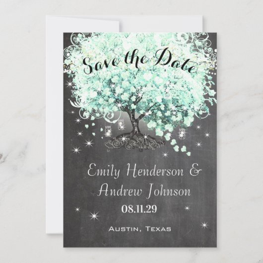 Mint Chalkboard Herz Leaf Tree Save the Date Einladung (Vorderseite)