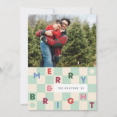 Mint Checkerboard Merry & Bright Christmas Card Einladung (Vorderseite)