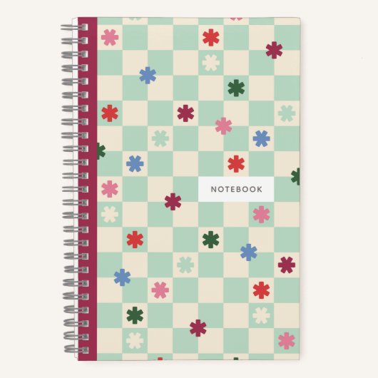 Mint Checkerboard Pattern Stars Flowers Notebook Notizblock (Vorderseite)
