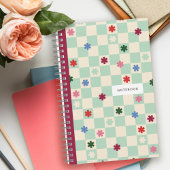 Mint Checkerboard Pattern Stars Flowers Notebook Notizblock