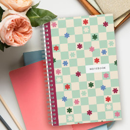 Mint Checkerboard Pattern Stars Flowers Notebook Notizblock