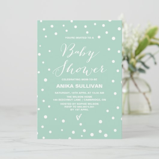 Mint Confetti Dots Muster Baby Dusche Einladung (Stehend Vorderseite)