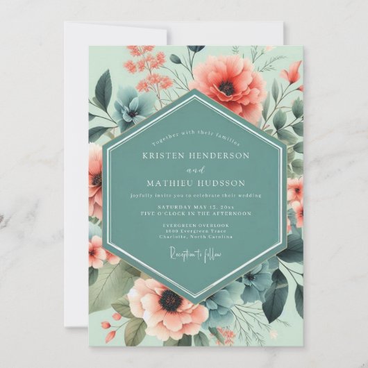 Mint Coral Artistic Bloom Wedding Einladung (Vorderseite)
