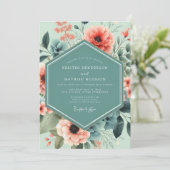 Mint Coral Artistic Bloom Wedding Einladung (Stehend Vorderseite)