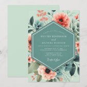 Mint Coral Artistic Bloom Wedding Einladung (Vorne/Hinten)