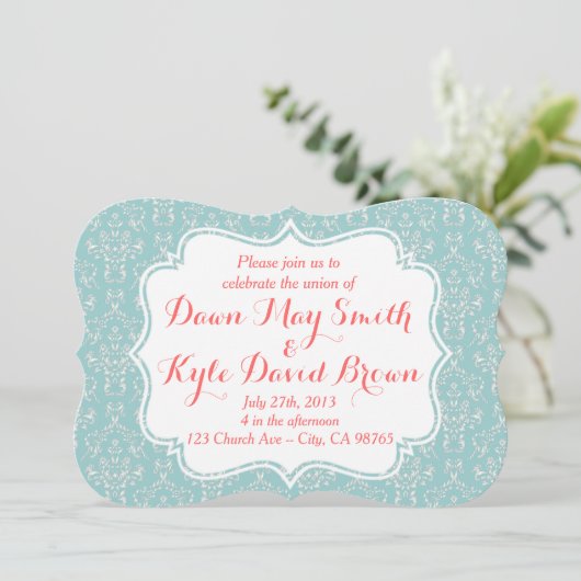Mint Coral Damask Hochzeit Einladung (Stehend Vorderseite)