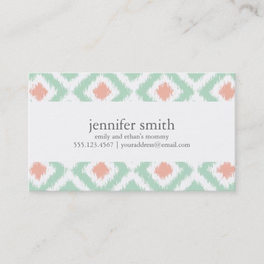 Mint Coral Diamonds Ikat Muster Telefonnummerkarte (Vorderseite)