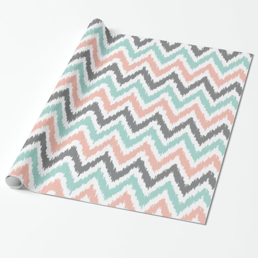 Mint Coral Gray Zigzags Ikat Muster Geschenkpapier (Ungerollt)