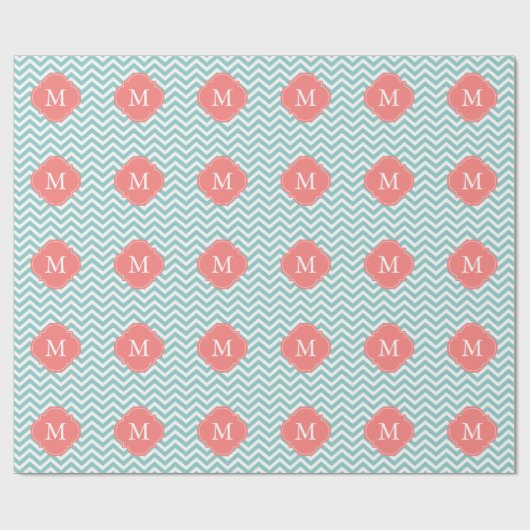 Mint & Coral Zigzags Muster Monogramm Geschenkpapier (Flach)