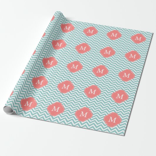 Mint & Coral Zigzags Muster Monogramm Geschenkpapier (Ungerollt)