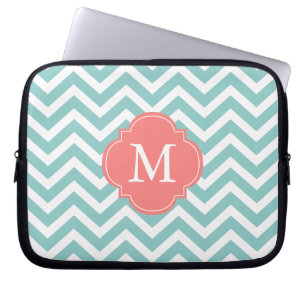 Mint & Coral Zigzags Muster Monogramm Laptopschutzhülle