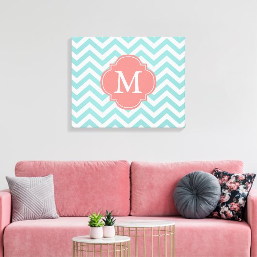 Mint & Coral Zigzags Muster Monogramm Leinwanddruck (Insitu (Wohnzimmer))