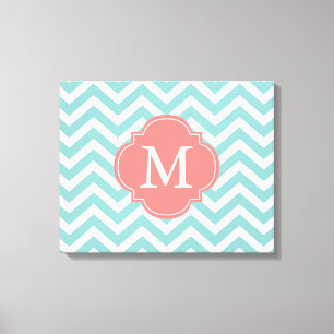 Mint & Coral Zigzags Muster Monogramm Leinwanddruck