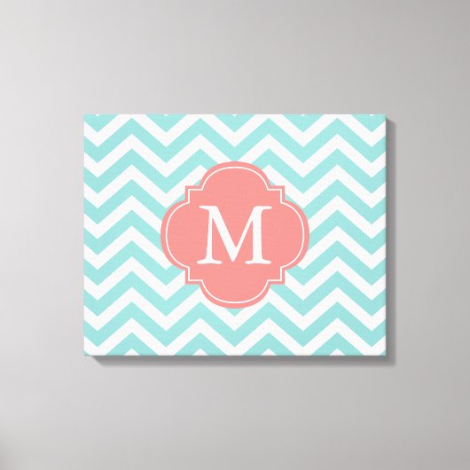 Mint & Coral Zigzags Muster Monogramm Leinwanddruck (Vorderseite)