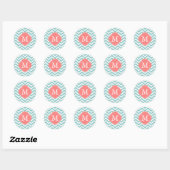 Mint & Coral Zigzags Muster Monogramm Runder Aufkleber (Blatt)